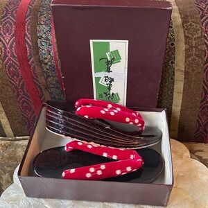 Vintage Red and Black Traditional Japanese Sandals, wooden and layered